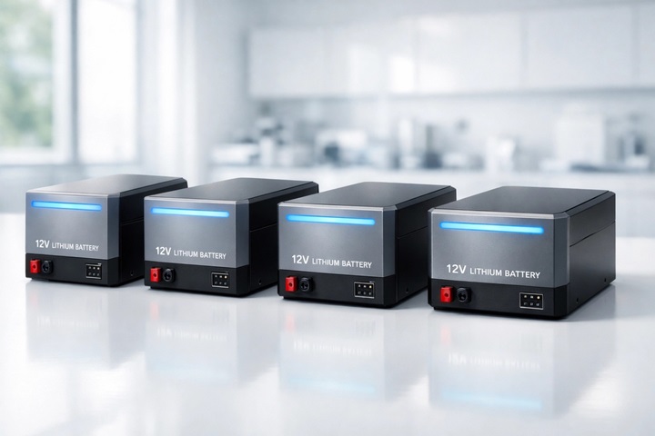 Four Fuel Motion 12V lithium battery units arranged side by side to form a scalable battery bank